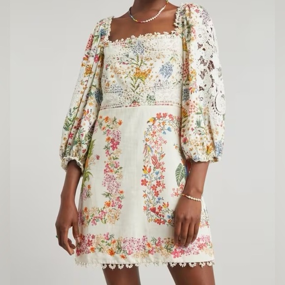 FARM Rio Dresses & Skirts - FARM RIO Floral Mini Dress Lace Inset Boho Size XS Cream Linen Blend Bird